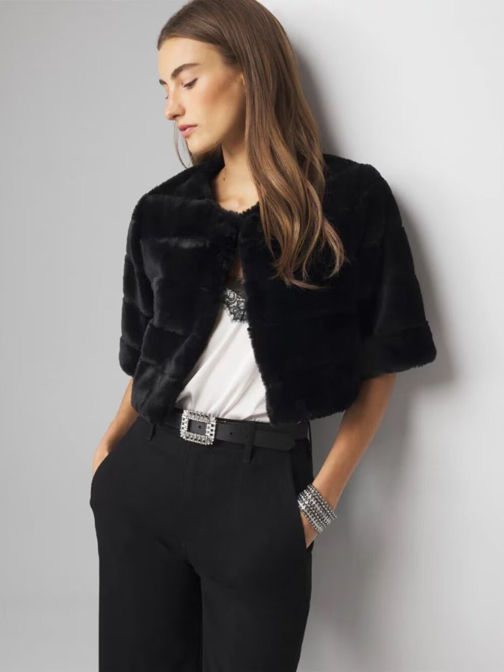 WHBM Black Faux Fur Cropped Jacket L